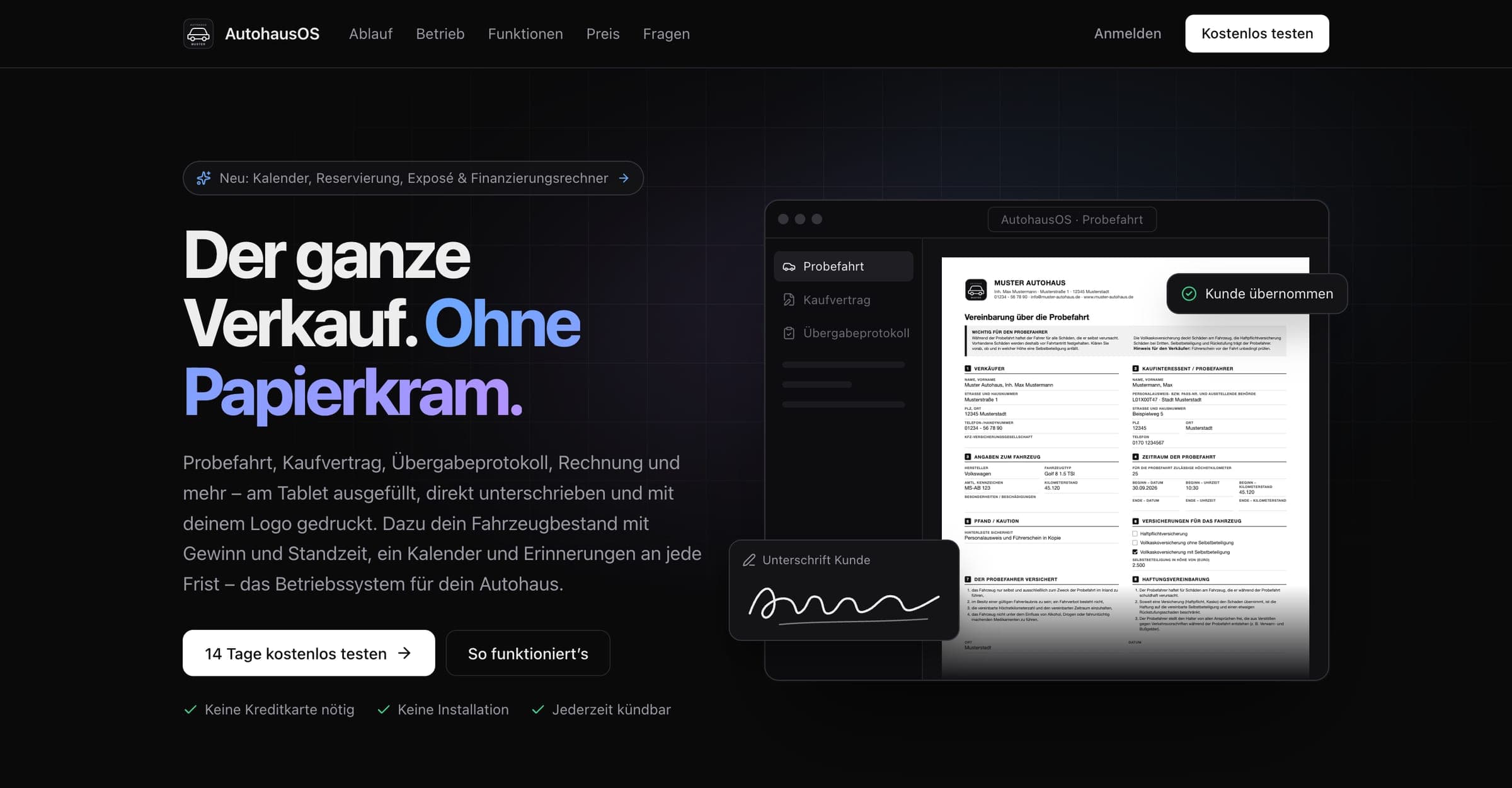 Startseite von AutohausOS: digitale Probefahrt-Vereinbarung mit Unterschrift des Kunden am Tablet