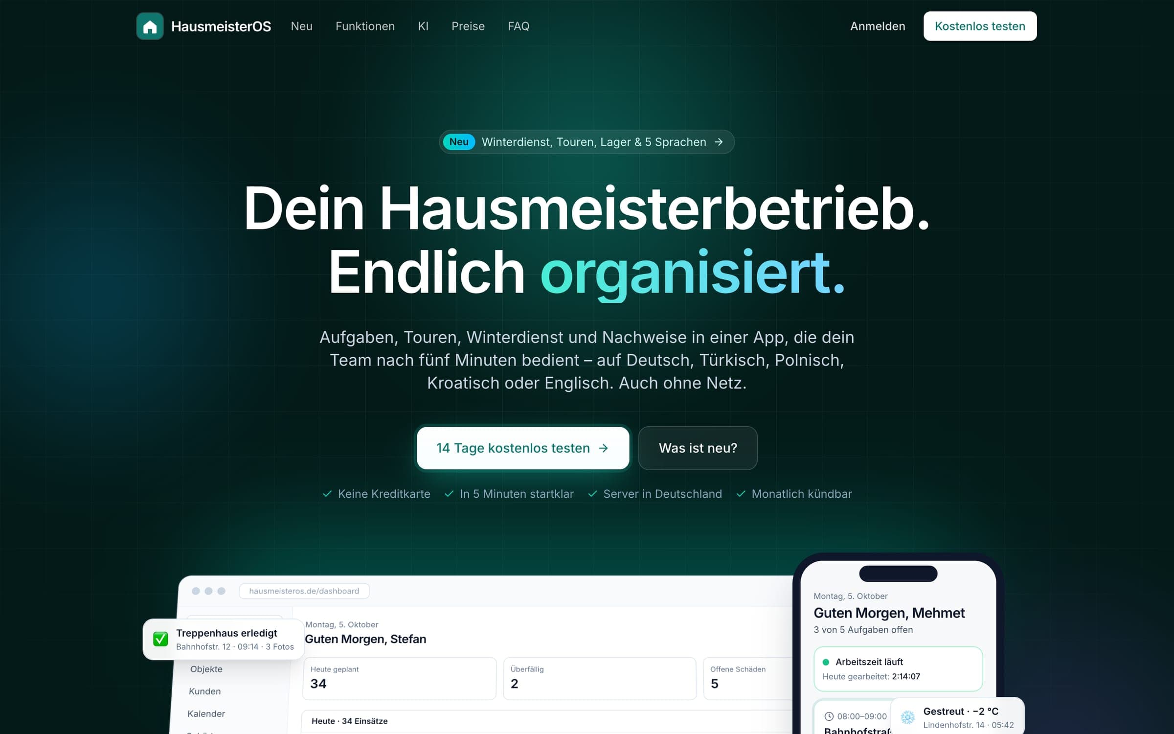 Startseite von HausmeisterOS: Dashboard mit heutigen Einsätzen und Mitarbeiter-App auf dem Handy