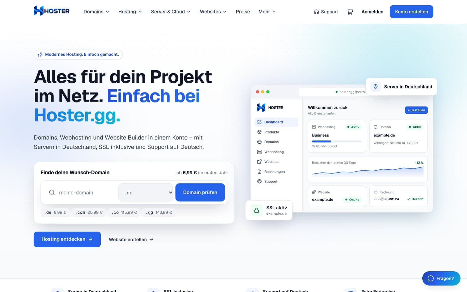 Startseite von Hoster.gg: „Alles für dein Projekt im Netz. Einfach bei Hoster.gg.“ mit Domainsuche und Kundenportal