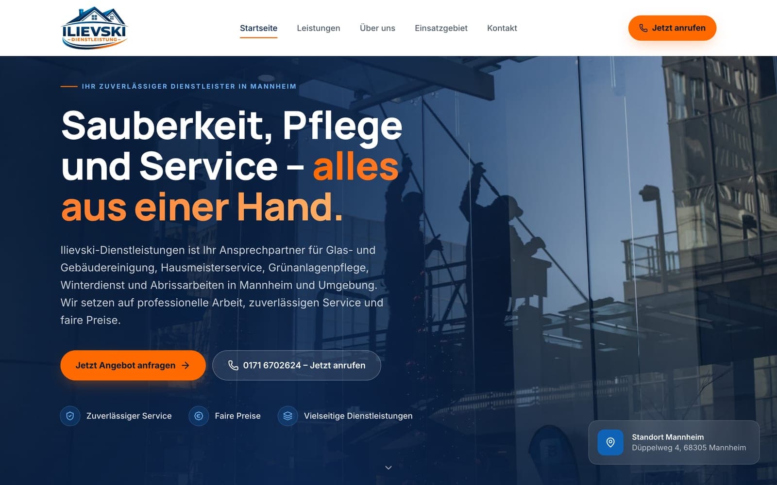 Startseite von ilievski-dienstleistung.de: „Sauberkeit, Pflege und Service – alles aus einer Hand.“ mit Buttons für Angebot und Anruf