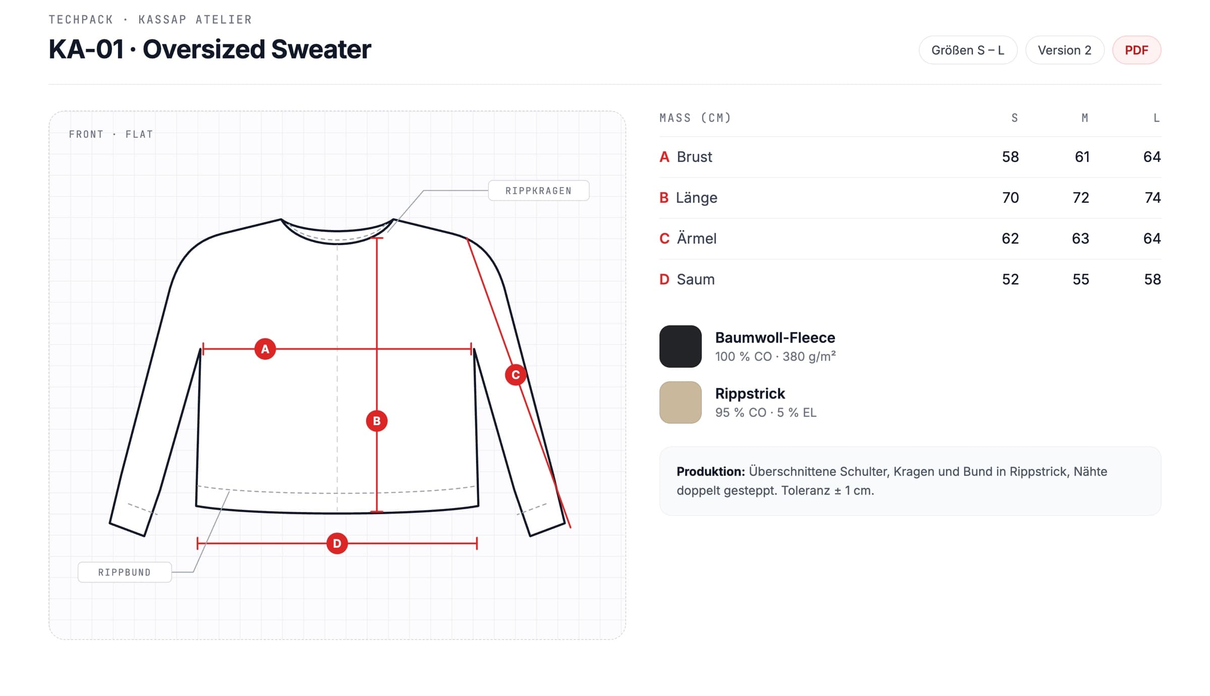 Techpack KA-01 Oversized Sweater: technische Zeichnung mit Maßpunkten, Maßtabelle S bis L und Materialangaben
