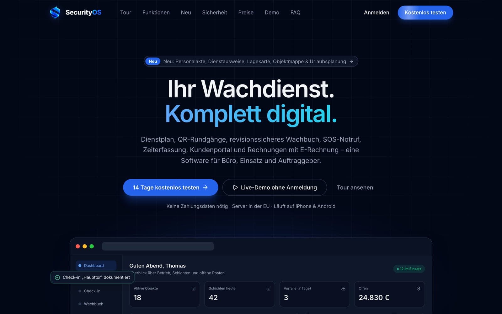 Startseite von SecurityOS: „Ihr Wachdienst. Komplett digital.“ mit Dashboard-Vorschau